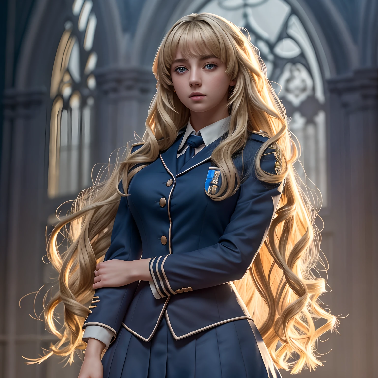 ein schönes Bild von Luna, eine Uniform tragen, (Volle Figur:1.5), Meisterwerk, fotorealistisch, ausführlich, 4k, HDR, backLichting, blühen, Licht, RAW-Farbfoto, weiche Haut, blonde, ausführlich face, blaue Augen,