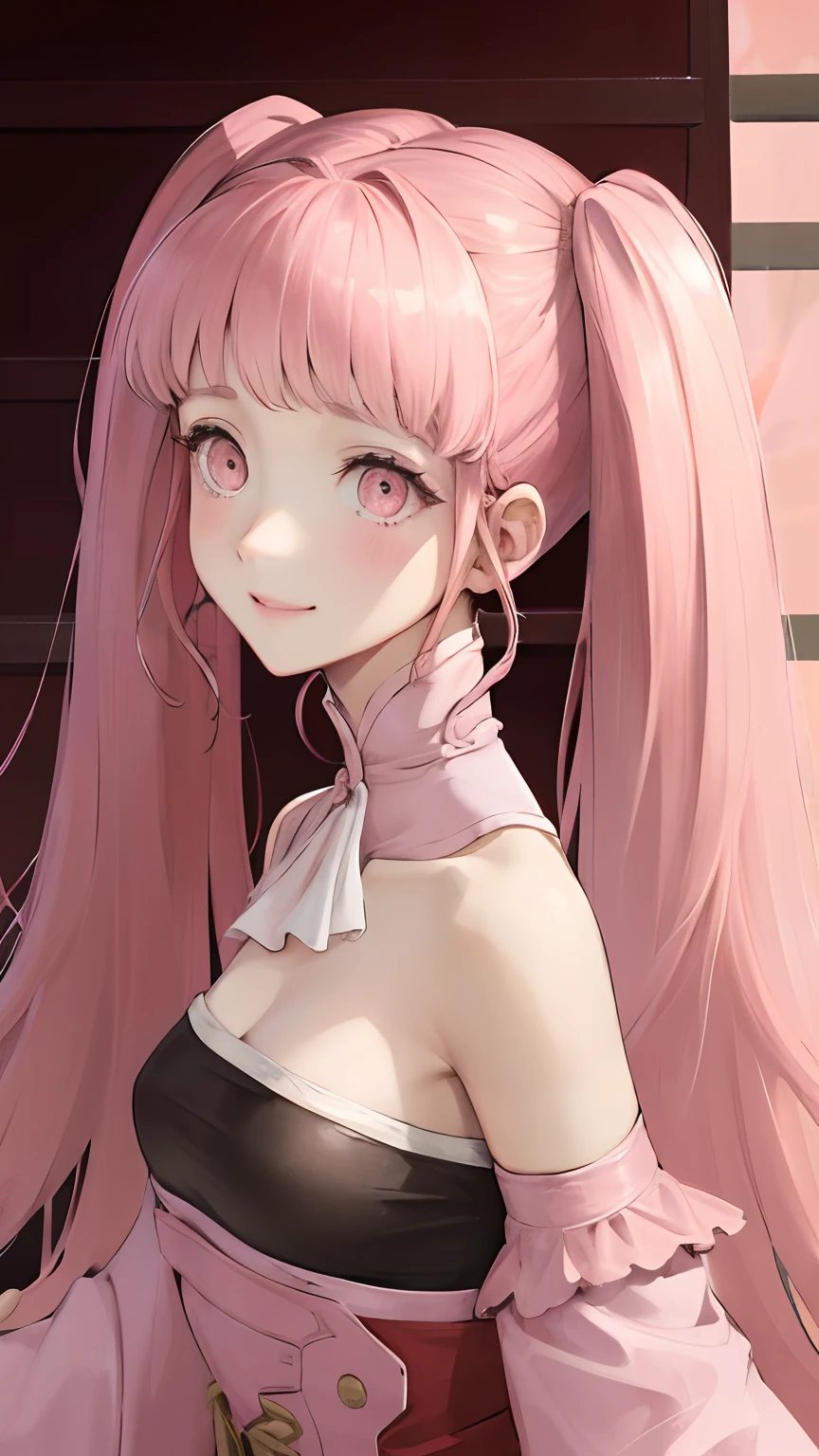 verão、Um deserto、nuvens rosa、Um sorriso、A terra coberta de rosas é uma linda garota、James Gurney、renderização de estação de arte、lente ultra grande angular、alta resolução、twintails rosa、Hilda in Fire Emblem