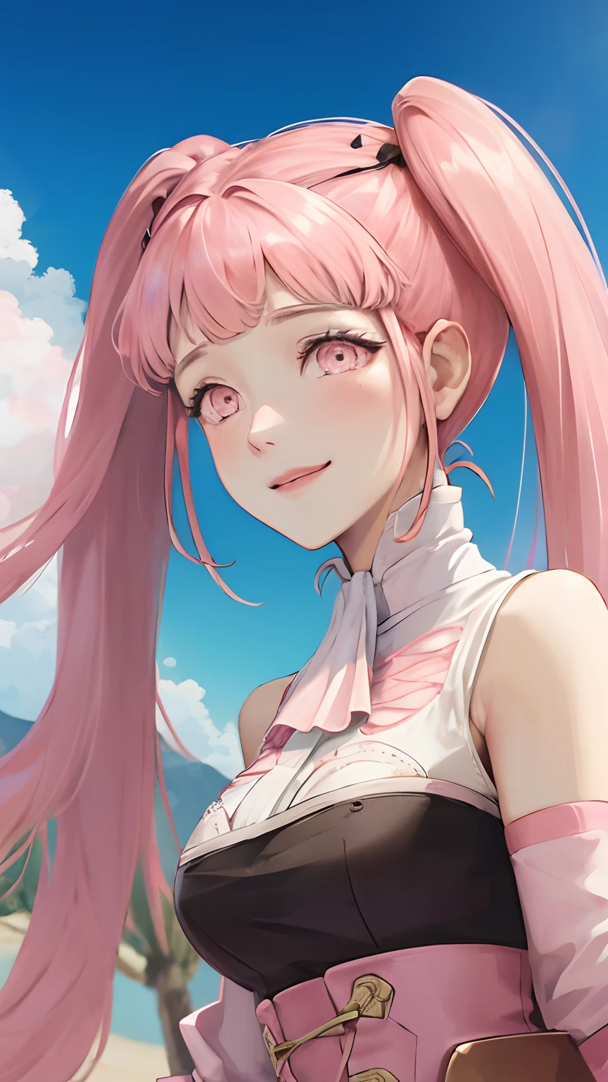 verão、Um deserto、nuvens rosa、Um sorriso、A terra coberta de rosas é uma linda garota、James Gurney、renderização de estação de arte、lente ultra grande angular、alta resolução、twintails rosa、Hilda in Fire Emblem