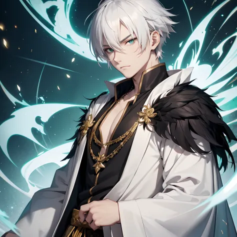 White hair, dark Green eyes, far away, masculine, anime, shoujo style, wearing black and gold chinese anime robe, small necklace,