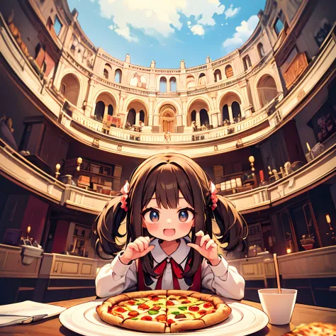 Rome Sightseeing、colosseum、Kawaii Girl、happily face、pizza、Traditional Roman costume、Brown skin、​masterpiece、top-quality、Top imag...