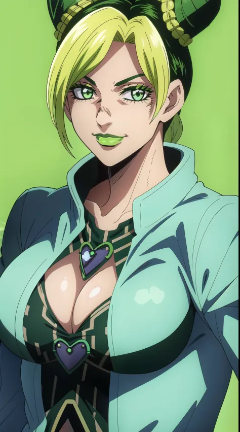 1girl, solo, jolyne, neon green eyes, green lips, closed mouth , smile , looking at viewer, halterneck, jacket, simple background, upper body, short hair (Jolyine kujo) huge breasts