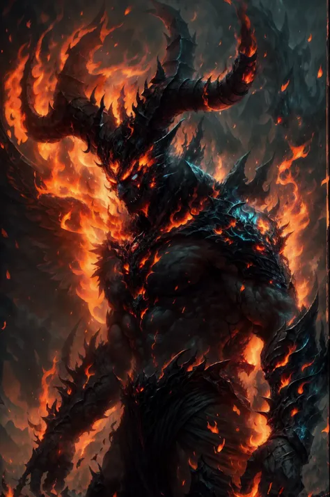 A humanoid devil, fierce face, fire demon, big burning demon wings, big ...