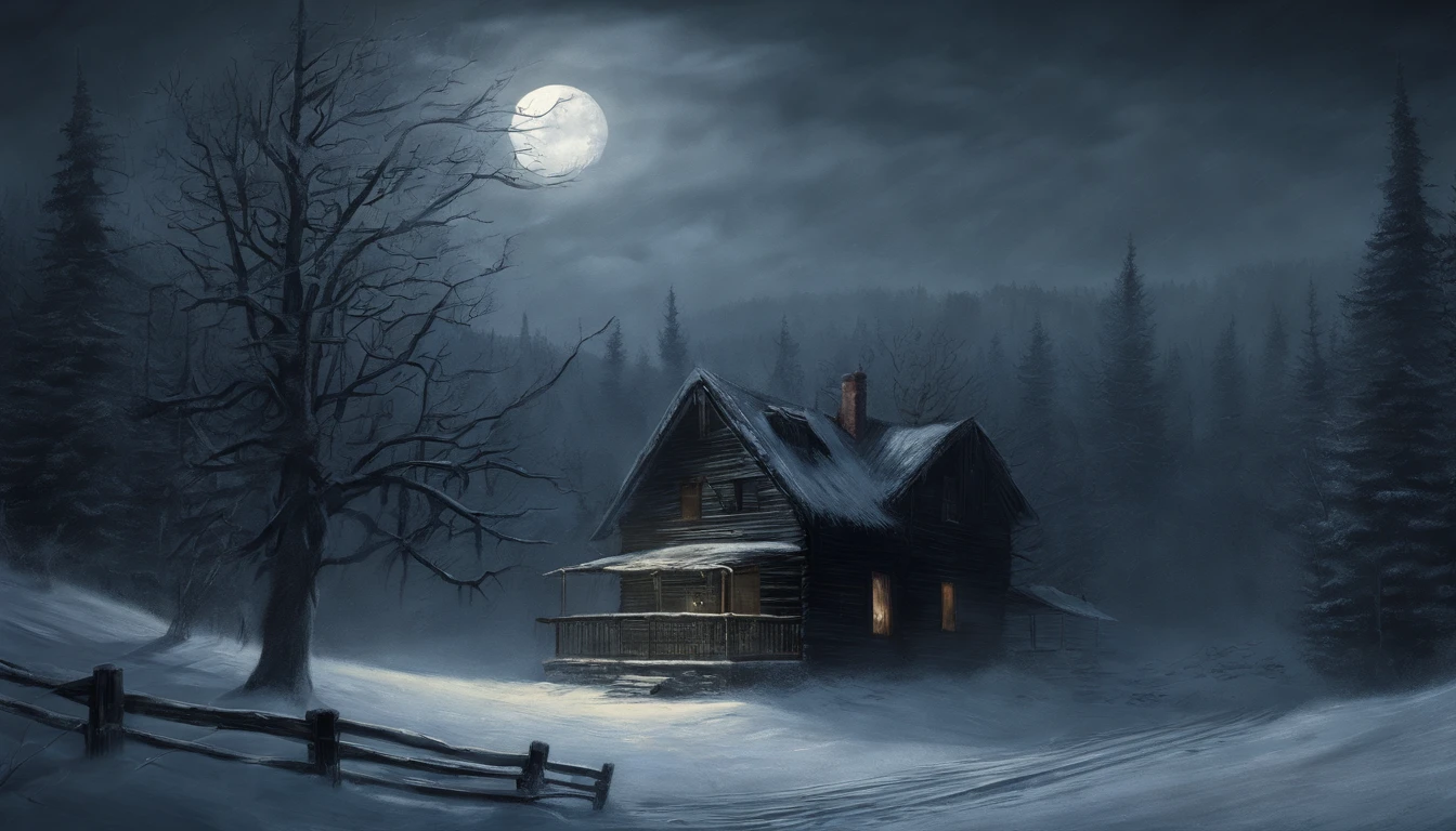 Snowy night view with cabin and full moon, winter night, Winter Scene Fantasy, inspired by Evgeny Lushpin, winter atmosphere, Inspired by Ivan Kramskoy, moonlight snowing, Winter painting, snowy night, Inspired by Terry Redlin, Australian Winter Nights, Twilight ; digital oil painting, the glow of the moonlight, moonlight snowing, calm night. Digital Illustration