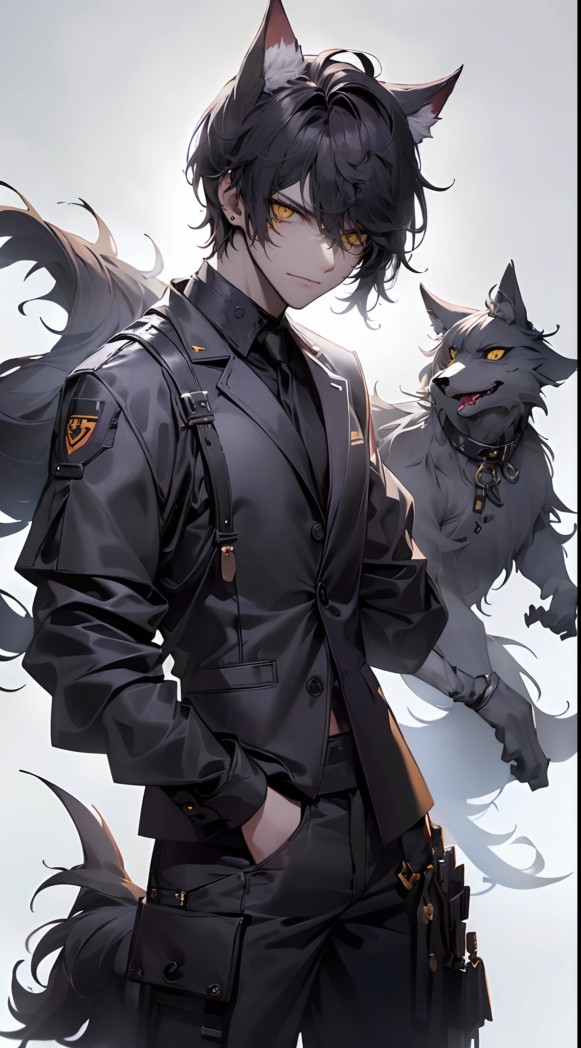 (4K works))、​masterpiece、(top-quality)、((Full moon and crow isolated on black background))、((Horror background))、Korean Male、Adult male、((Adult 26 years old))、((Adult older brother))、((werewolf man))、((The Man with Wolf Ears))、((Face similar to Hyun Jin))、Cool Men、tall、((Glaring expression))、((Strong eyes))、((Black cool werewolf fashion))、((Long sleeve long trouser style))、((smaller face))、Slim body、((hooligan))、((Black short-haired))、((Yellow eyes))、((shot from front))、((Shot alone))、((Solo Photography))、Professional Photos、((Focus zoom in))、((Upper body photography))、((Face enhancement))、Wolf's Pose、((Halloween Photos))、Horror Pictures、((Werewolf costume))