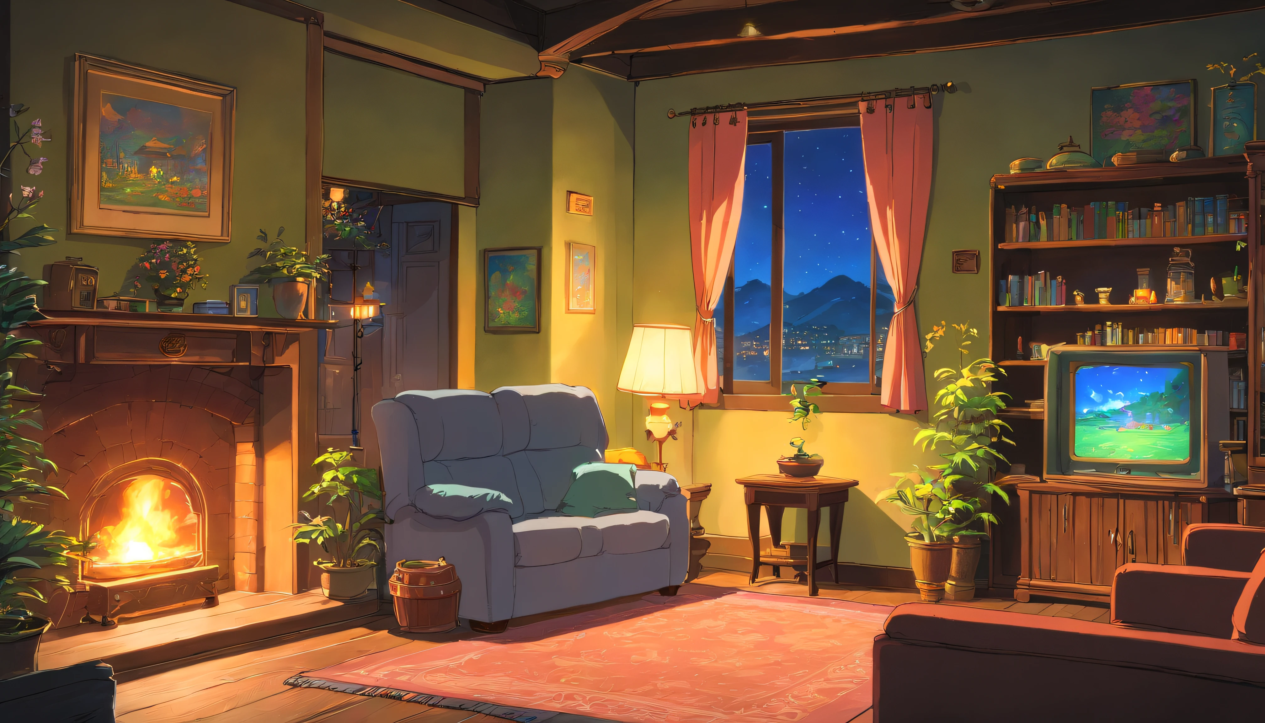 nighttime scene，Living room at home