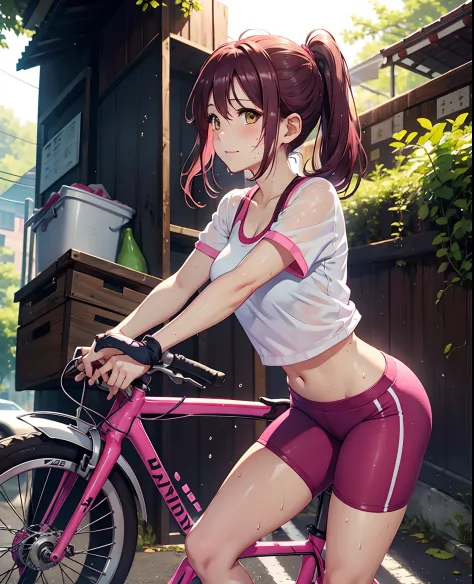 sakurauchi riko, pink skinny sweet pants, tight gym bra, sweating,sweat drops ,  (cleavage:0.7),unstyled hair,wet hair,yellow ey...