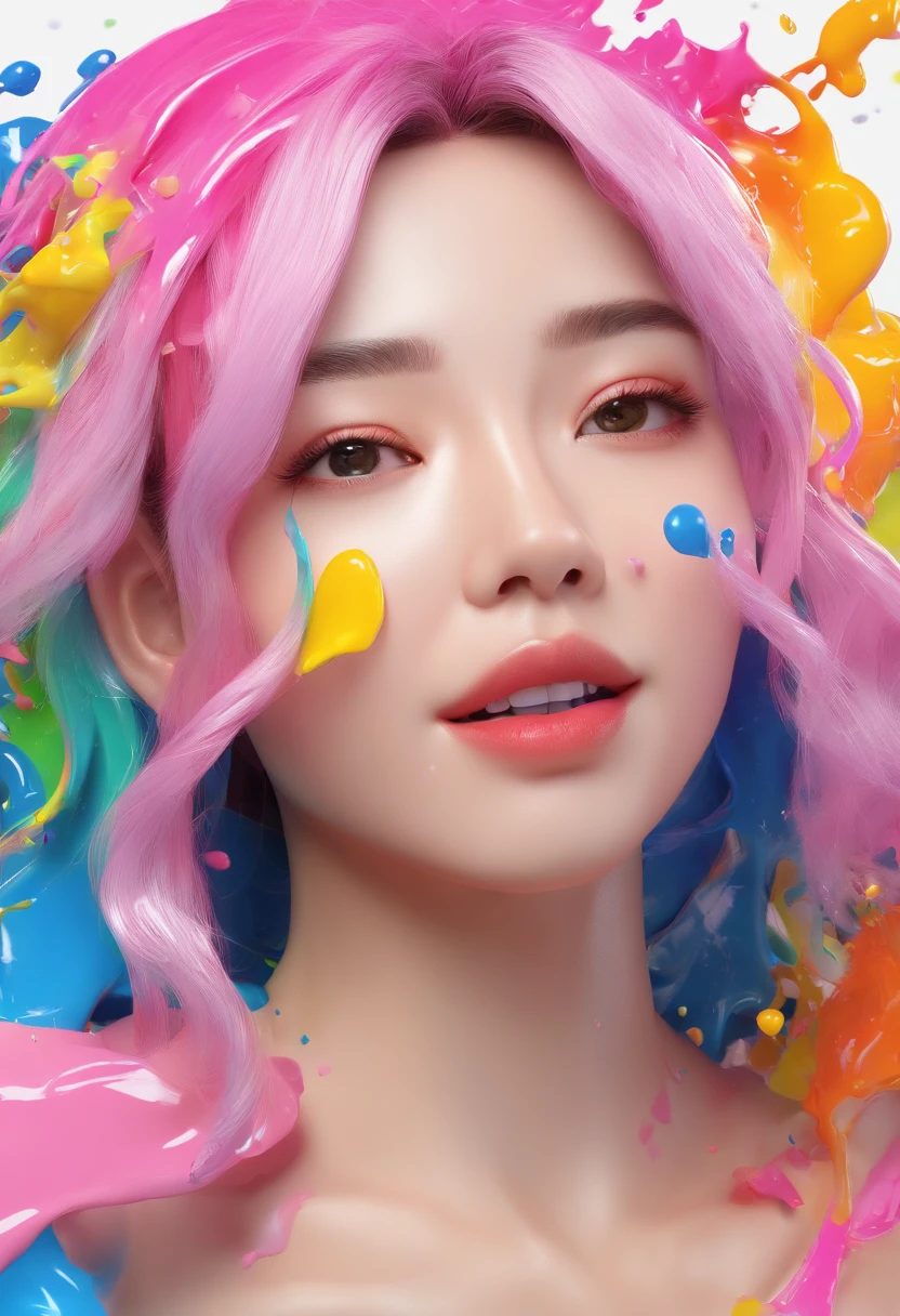 (Masterpiece, Best Quality, High Resolution), White Background, ((Paint Splash, Color Splash, Splash of Ink, Color Splash)), Sweet Chinese Girl, Rainbow Hair, Pink Lips, Front, Upper Body