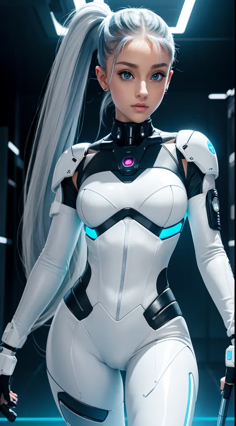 Full-body cybernetic girl with a ponytail. O rosto de Ariana Grande. Bright white color to show that she is a cyber whit laser rifle girl. Sobrancelhas brancas. roupas como catsuit. She also has bright blue eyes. The environment is like a terminator. Hair ...