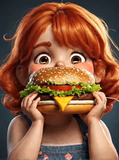 (Poster of cute fat little girl eating Big Mac burger), (Open your red mouth), Playful little freckled face，（with short golden h...