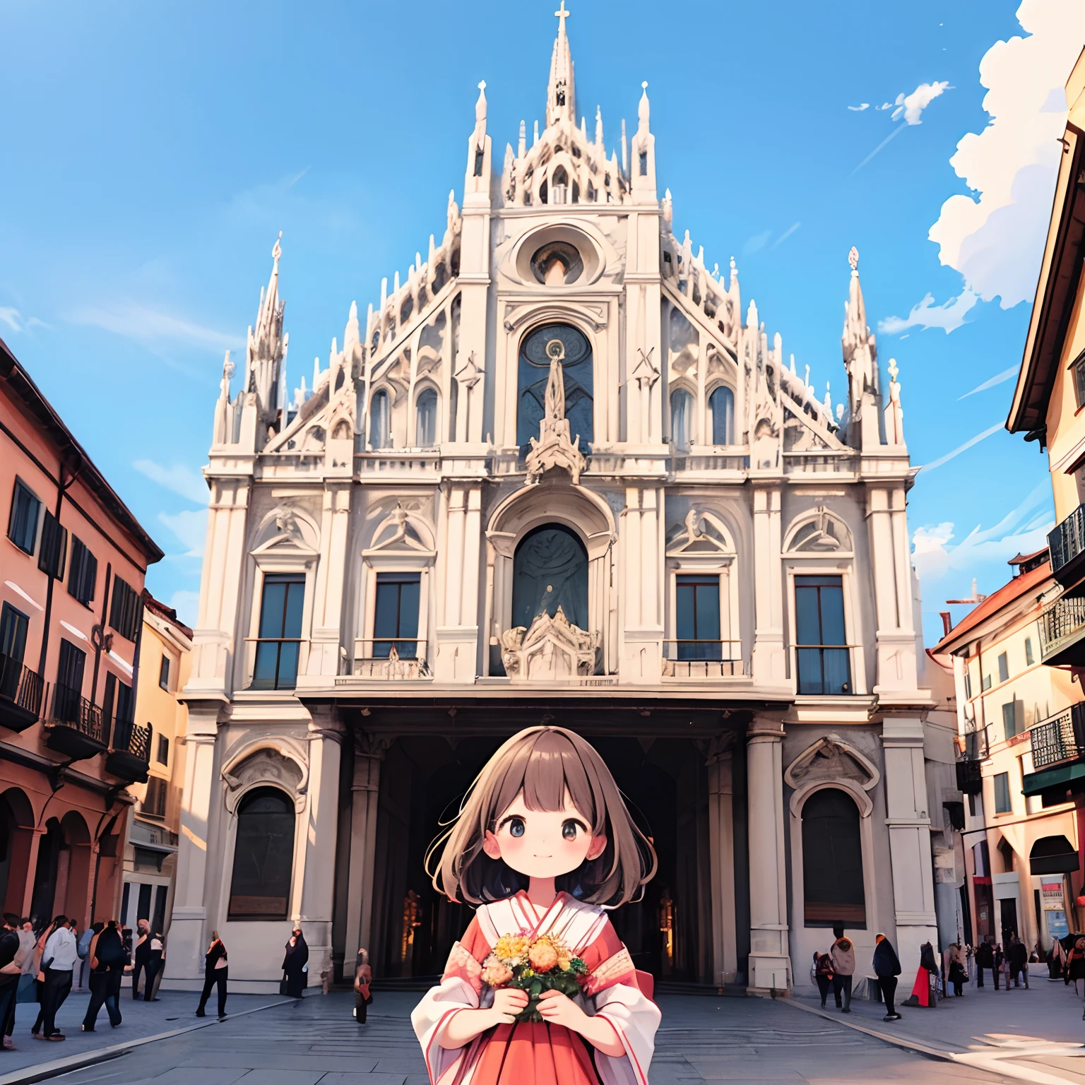 Milan Sightseeing、Cathedral、Kawaii Girl、happily face、Milanese cutlets、Traditional costumes of Milan、Brown skin、​masterpiece、top-quality、Top image quality