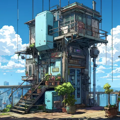 anime - style illustration of a building with a staircase and a balcony, anime style cityscape, ( ( a shot from 180º angle ) ), ...