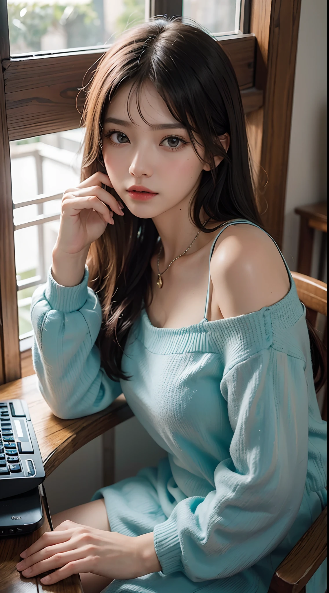 master part, best quality, ultra detali, illustration,(1girl),beautiful detailed eyes, Looking at Viewer, (holding a computer keyboard), glad, (turquoise hair:1), (blue rounded eyes:1), (round earring), (Turquoise Big Gem Necklace), cute round face, long  hair, sorrido, fantasy chinese clothing