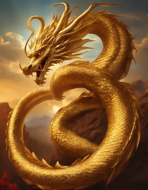 「Make an illustration of the golden dragon god。Long as a snake、Heading ...