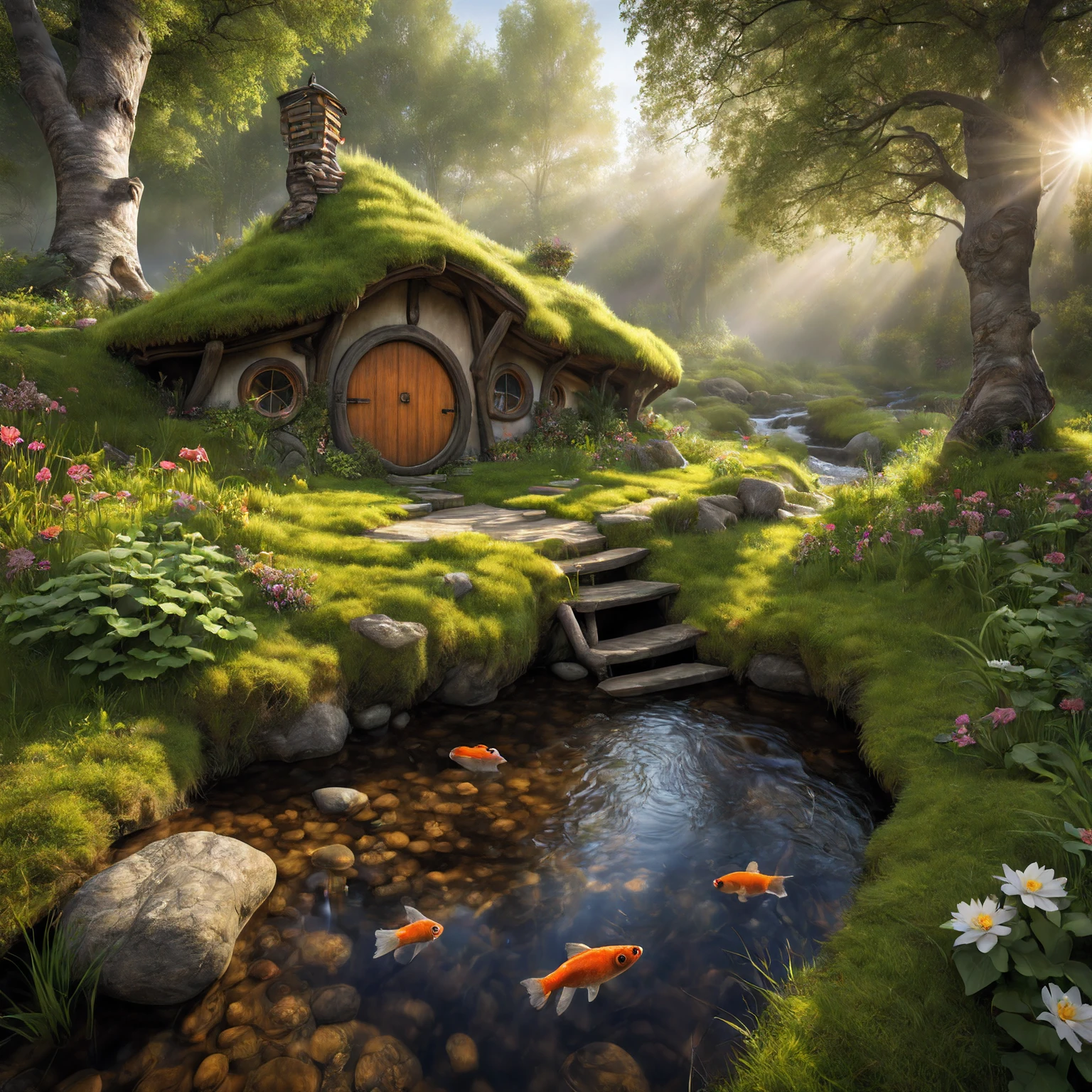 Raw photo, 8k uhd, dslr, photo-realistic, hyperrealism, 8k resolution, hdr, highly detailed, ultra detailed. 
The house of the hobbit in the birch grove near the stream. 
(The dwarf catches fish). 
Moss, a little morning fog, dawn, sunrise, rays of light through the leaves of trees, flowers on the grass, bright little butterflies, frogs in the water of the stream.