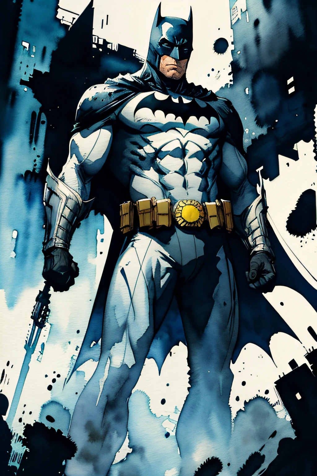 Batman standing in front of a city with a bat on his chest - SeaArt AI