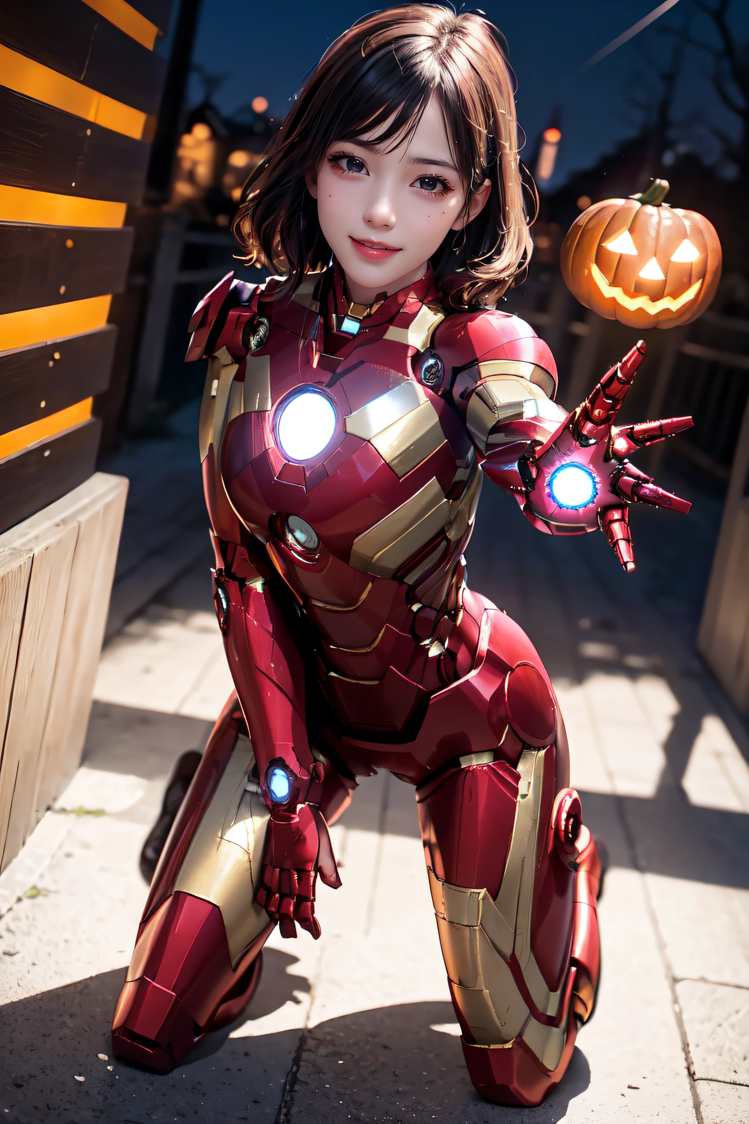 masterpiece, top-quality, top-quality, Beautifully Aesthetic:1.2, 1girl, Halloween night, ((Wearing a high-quality Ironman suit):1.2), high detailed, (kneeling with Selfie pose that reaching out:1.3), large breasts, firm breast, nicely shaped breasts, slender figure, 
((Dark Brown Hair)), wavy hair, ((short hair:1.2)), 
((in A modern street of decorated for Halloween in Shibuya at late night:1.2)), (Upper body shot:1.1), (From below:1.3), (Focus on Knees:1.1), ((looking at viewer:1.2)),