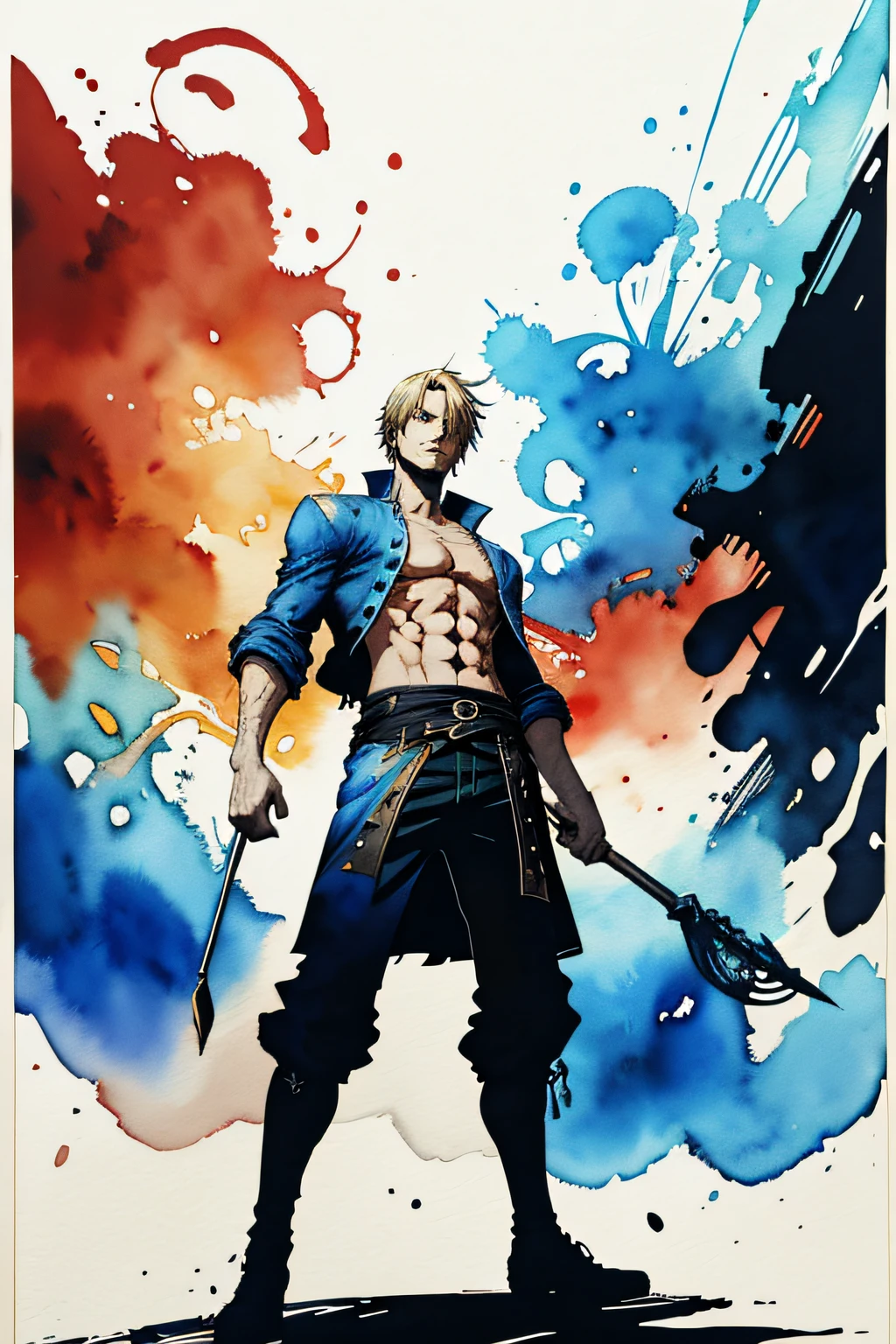 Vinsmoke Sanji from anime,1boy, looking at viewer, high-tech clothes, standing pose, from below, fantasy, high contrast, ink strokes, explosions, over exposure, impression , abstract, ((watercolor painting by John Berkey and Jeremy Mann)), brush strokes, negative space, good anatomy, good proportions, good architecture, realistic:1.25, cantered, high detail, high resolution, 8k, stunning, mascular body, Style-Hamunaptra:0.4,