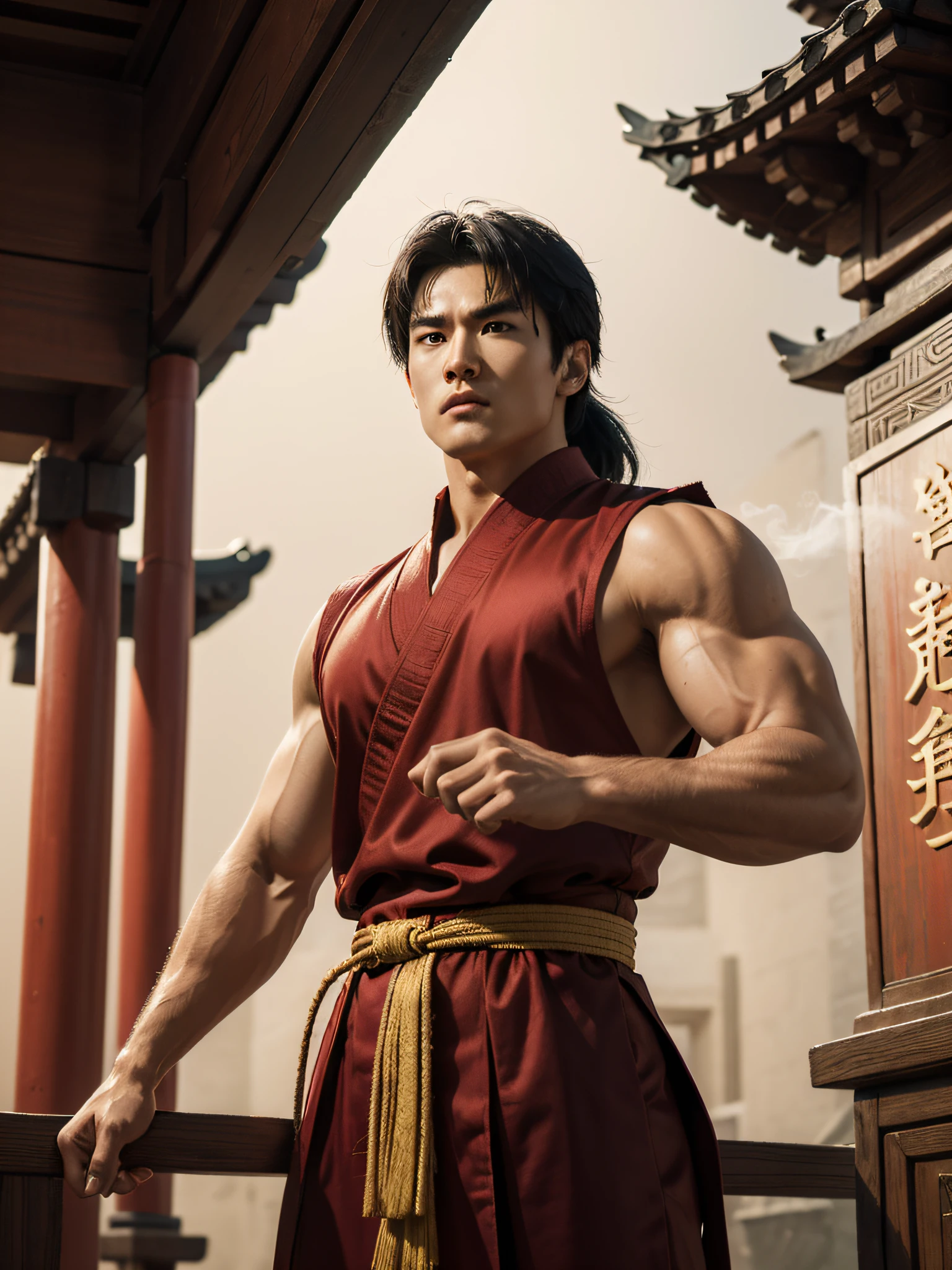 best quality, photorealistic, highres, masterpiece:1.2), Liu Kang from Mortal Kombat performing various martial arts poses, in a Chinese temple background, with vibrant reds and golds, illuminated by soft sunlight. Liu Kang's intense gaze captures the focus and determination in his eyes, while his muscular physique and flowing black and red robes convey his agility and strength. The intricate carvings and ornate details of the temple showcase traditional Chinese architecture, with delicate dragon motifs adorning the pillars. Wisps of incense smoke curl in the air, adding an ethereal touch to the scene. The atmosphere is filled with a sense of ancient mysticism, as if Liu Kang is harnessing the power of the temple's spiritual energy in his martial arts. Every detail is rendered with ultra-detailed precision, from the individual strands of Liu Kang's hair to the weathered texture of the temple walls. The composition exudes a perfect balance of action and serenity, capturing the essence of Liu Kang's formidable skills and the serene beauty of the Chinese temple.