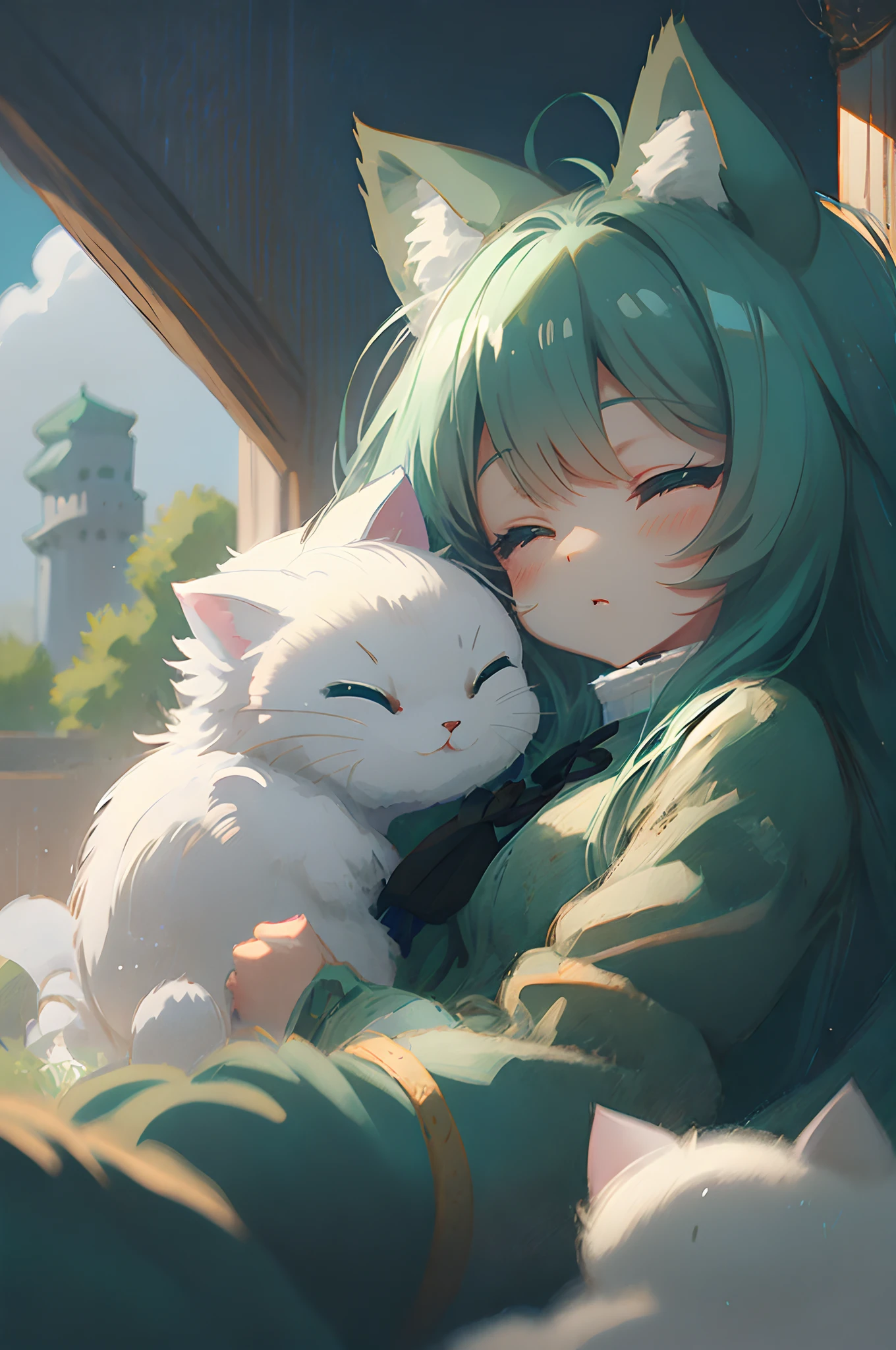 a closeup of a anime girl with long teal hair sleeping and hugging a white cat in the clouds, an anime drawing by Shitao, pixiv contest winner, furry art, fluffy!!!, very beautiful anime cat girl, beautiful anime catgirl, cute anime catgirl, anime girl with cat ears, very beautiful cute catgirl, white cat girl, fluffy!!!, anime catgirl, anime cat, trending on artstation pixiv