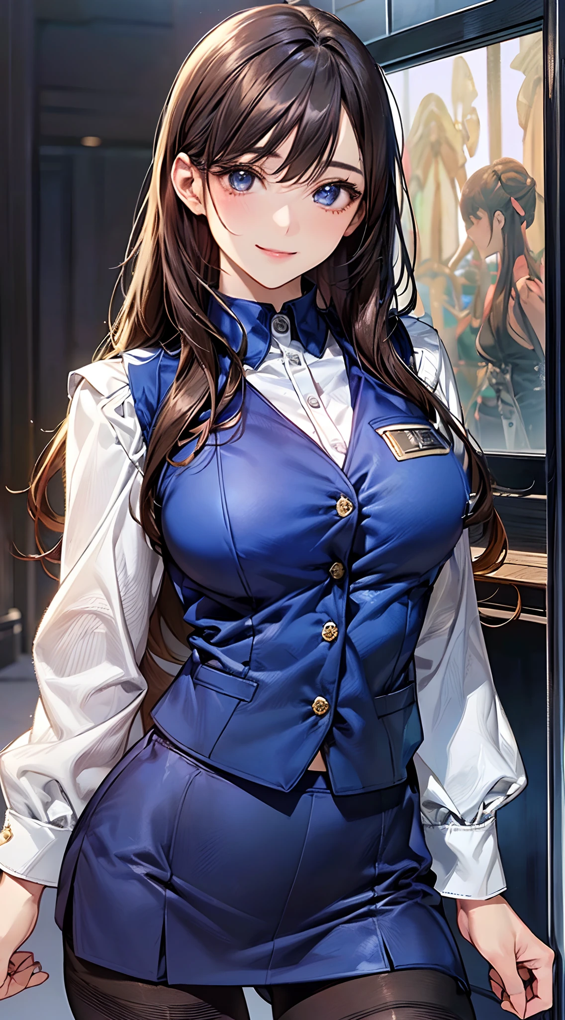 ((((perfect anatomy, super detailed skin)))), 1 girl, japanese, 17 years old, (detailed ultra-oily shiny skin:1.1), watching the view, (smile:1.5), 
beautiful hair, beautiful face, beautiful detailed eyes, (long hair:1.4, straight hair:1.7), brown hair, (beautiful large breasts:1.3), 
beautiful clavicle, beautiful body, beautiful chest, beautiful thigh, beautiful legs, beautiful detailed fingers, five fingers, babyface, , breast, 
((long sleeves white shirt with collar and buttons, (beautiful dark blue suit vest:1.4, dark blue tight skirt:1.4, black pantyhose:1.3), oily shiny thigh-highs, extremely sexy, crotch, seductive thighs, camel toe)), 
(beautiful scenery), receptionist, department store, service counter, beautiful sister, sexy pose, standing, stretch, 
(8k, top-quality, masterpiece​:1.2, extremely detailed, , ), (photorealistic), beautiful illustration, cinematic lighting,