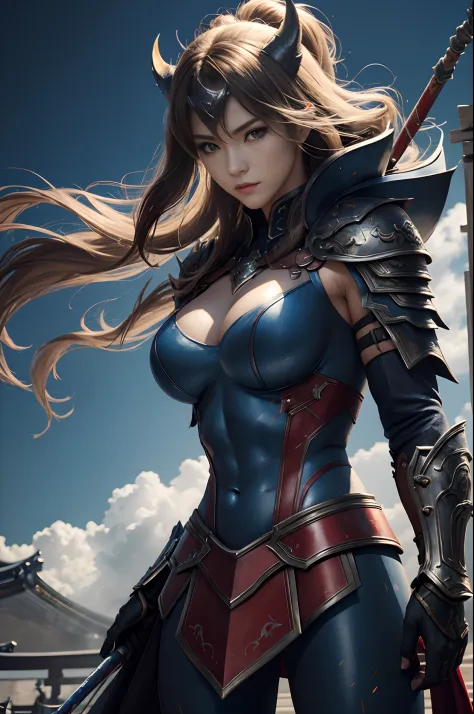(Female Ghost Tender)、Demon Mask、Super Beauty、Red Armor Solo Adult Devil Woman、Like the whole body、Big chest muscles and macho figure,Splitting abs,(Armed with a long and large spear)、Ghost of a mature big woman。Sturdy jaw(Lifelike)、Stand facing the front、...