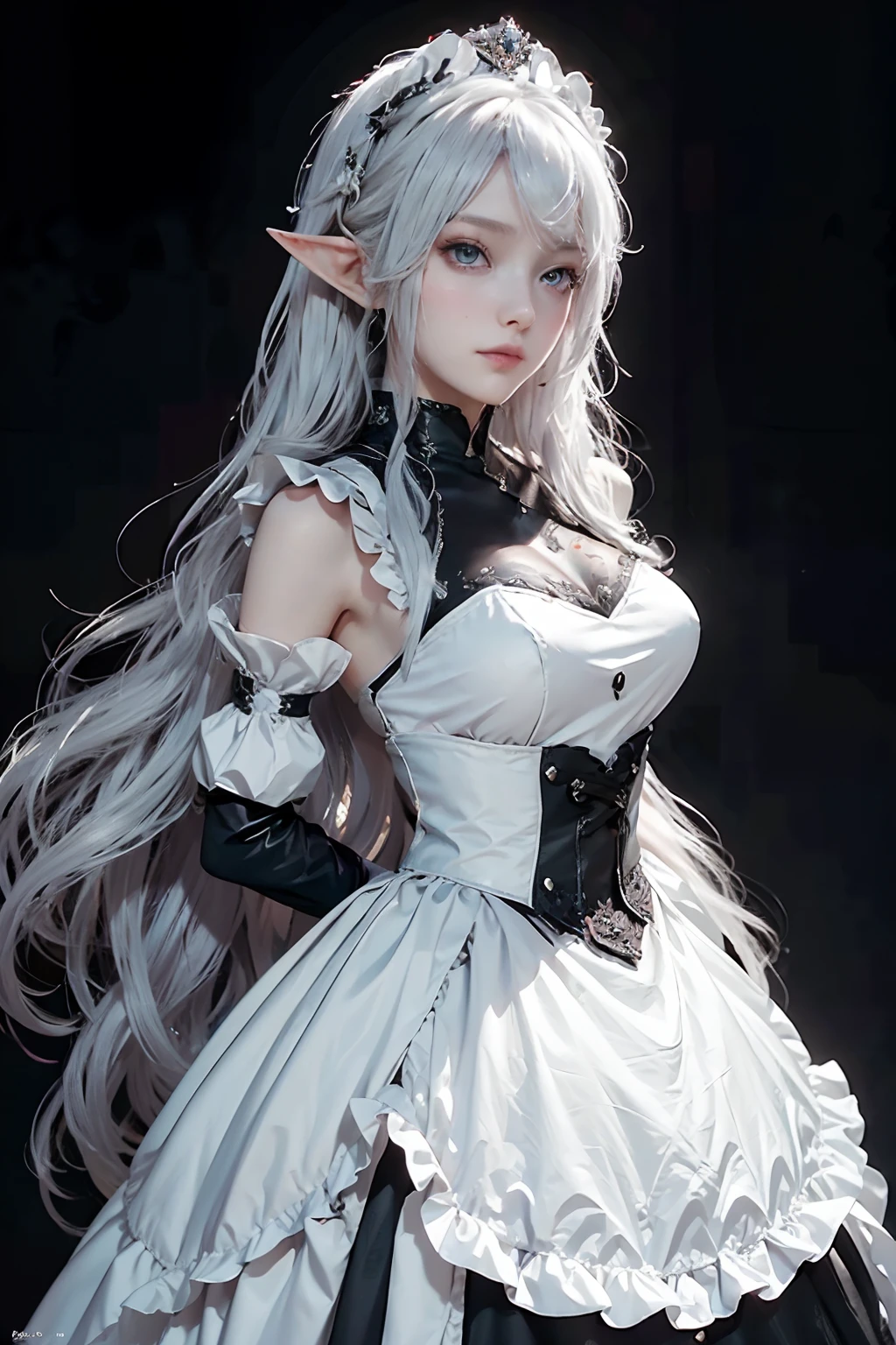 The woman, (European Citizenship: 1.2) In a black and white outfit posing for a photo, maiden! Dress, Anime Girl Cosplay, anime girl in a maid costume, The Magnificent Maiden, maid outfit, cosplay photo, cosplay, anime cosplay, A Few Cute Poses, Заманчивый портрет Marvel's Storm (snow-white hair!), (Face of the Goddess), (Elegant posture: 1.4), Elegant atmosphere, Noble atmosphere, (Milf: 1.6) (Shiny bright white hair: 1.5), (Cyan eyes: 1.4), (maidservant: 1.4), (Black and White Maid Outfit: 1.1), (Incredible beauty, High facial detail:1.3), (elegant, elongated, pointy elf ears: 1.5), (Graceful Elf: 1.4)