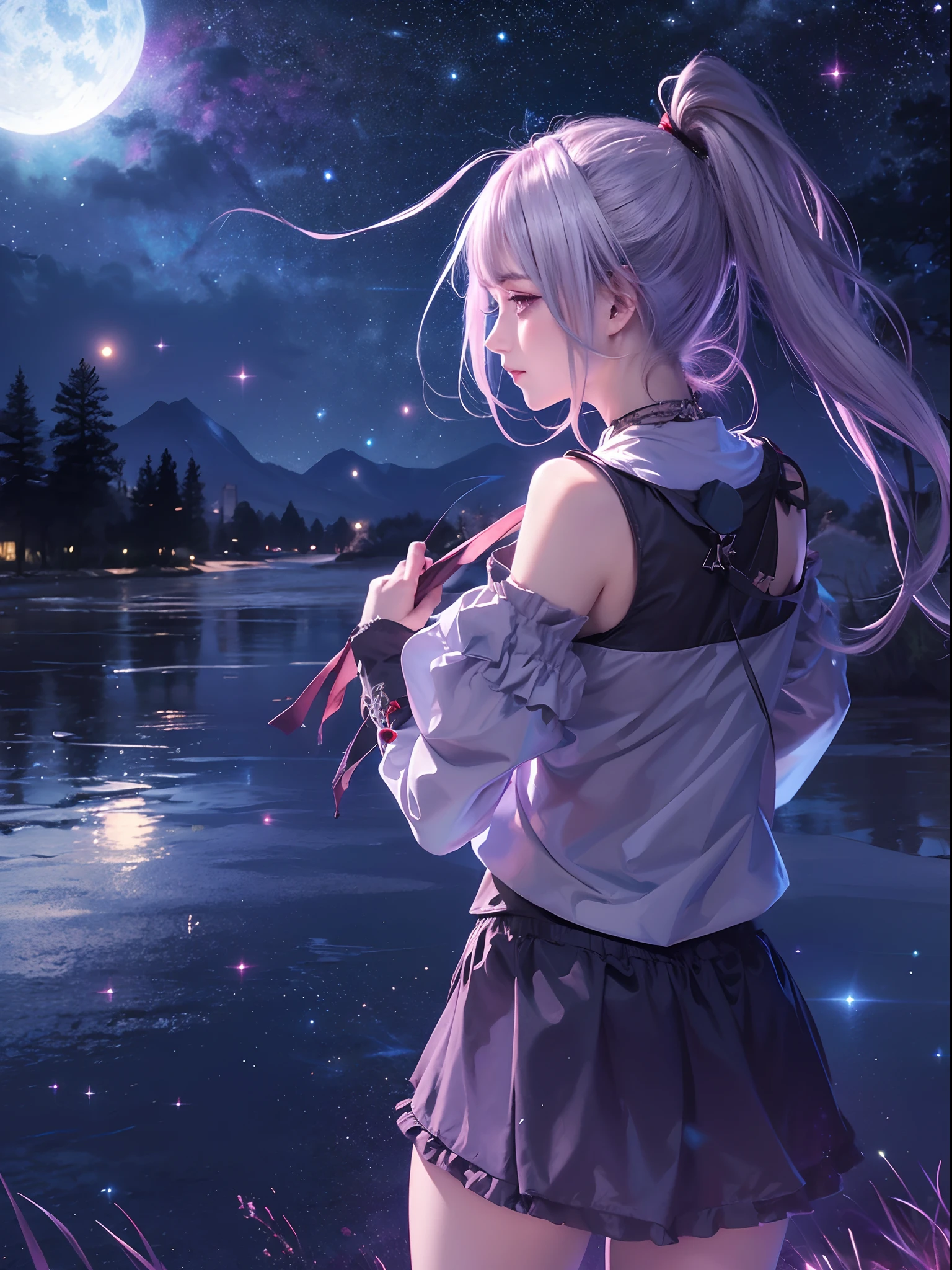 shalltear bloodfallen, shalltearcostume, ponytail, outdoors, (night, starry sky:1.2), masterpiece, arms behind back, best quality, 1girl, full body, closed mouth, lake, reflection, outdoors, official wallpaper