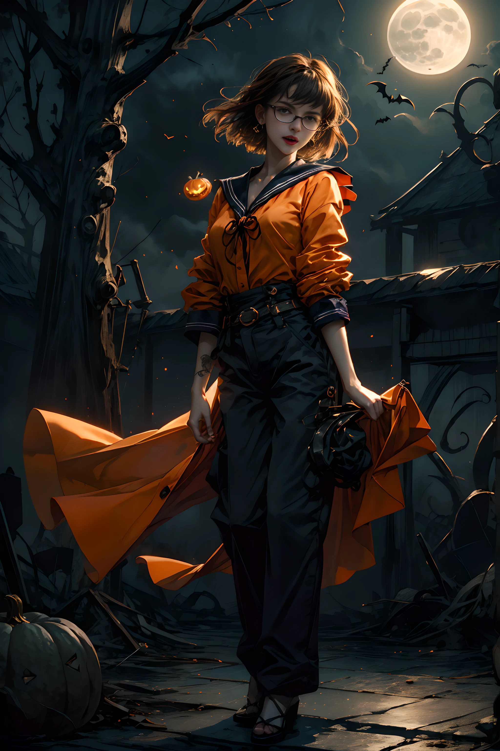 (Halloween Vampire Theme:1.3), Eldritch Monster, full-body photo of a (Elegant) Vampire woman standing on rooftop under red full moon, Vampire Fangs, tusk, Show me your fangs, Wearing a orange Halloween costume, (Fusion of orange sailor suit and work pants:1.3), (orange theme clothes:1.3), wears glasses, Closed mouth,(Smiling eyes:0.2),Looking at Viewer, (masutepiece, Best Quality:1.2), absurderes, Perfect Artwork, Trending on ArtStation, Highly detailed, Delicate, (Realistic, Photorealsitic:1.37), Portrait, Light on Face, Detailed face, Night, Night situation, Night time, (Moonlight:1.3), Tentacles wriggle、Realistic, Hyper Sharp, ultra-detailliert, short bob cut hair, ppixie hair, parted bangs,