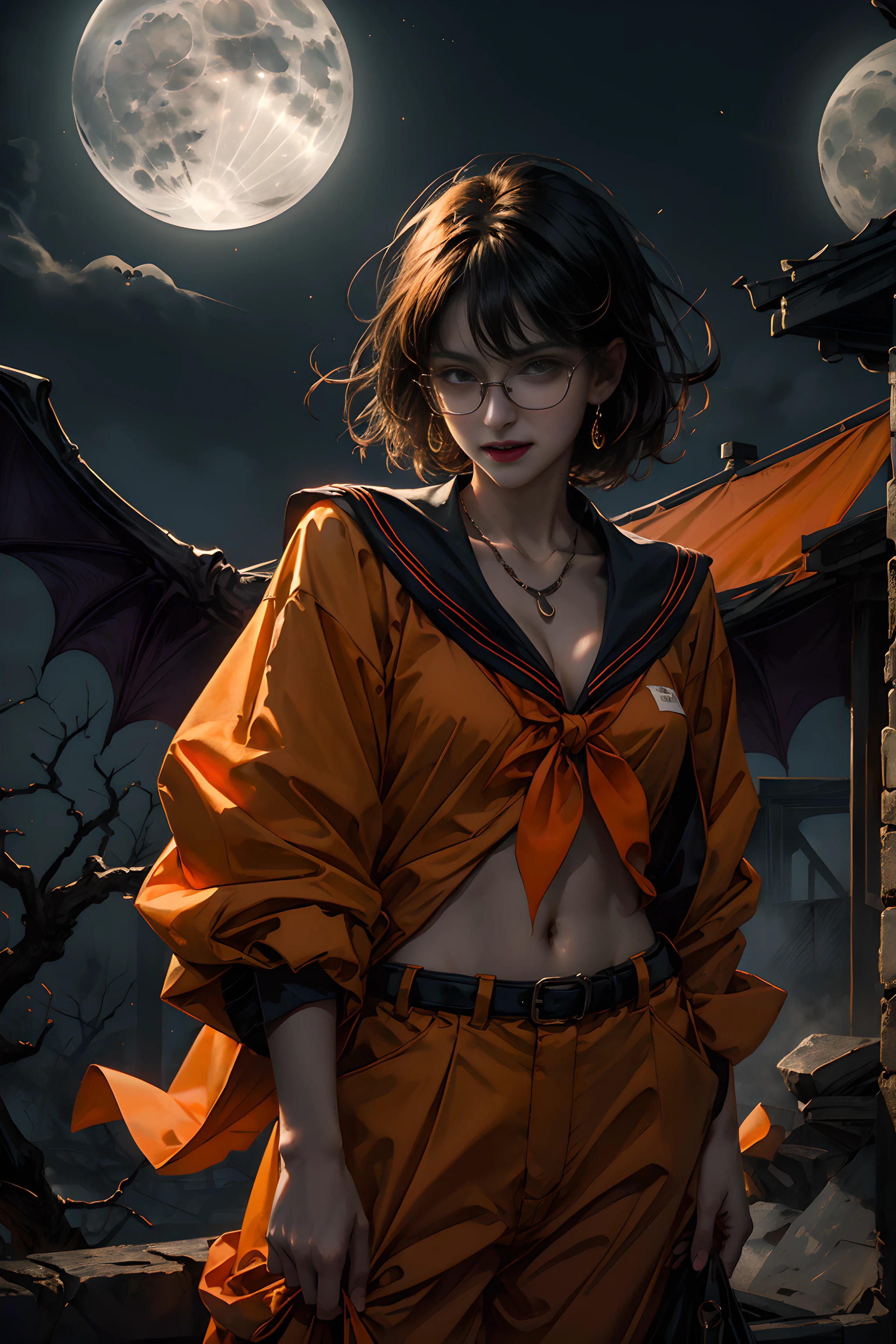 (Halloween Vampire Theme:1.3), Eldritch Monster, upper-body photo of a (Elegant) Vampire woman standing on rooftop under red full moon, Vampire Fangs, tusk, Show me your fangs, Wearing a orange Halloween costume, (Fusion of orange sailor suit and work pants:1.3), (orange theme clothes:1.3), wears glasses, Closed mouth,(Smiling eyes:0.2),Looking at Viewer, (masutepiece, Best Quality:1.2), absurderes, Perfect Artwork, Trending on ArtStation, Highly detailed, Delicate, (Realistic, Photorealsitic:1.37), Portrait, Light on Face, Detailed face, Night, Night situation, Night time, (Moonlight:1.3), Tentacles wriggle、Realistic, Hyper Sharp, ultra-detailliert, short bob cut hair, ppixie hair, parted bangs,