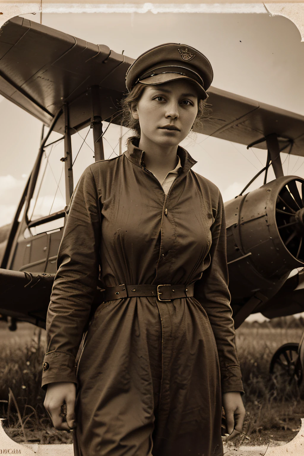 1914 photo of a female biplane pilot, 1900 pilot outfit, in a sepia ...