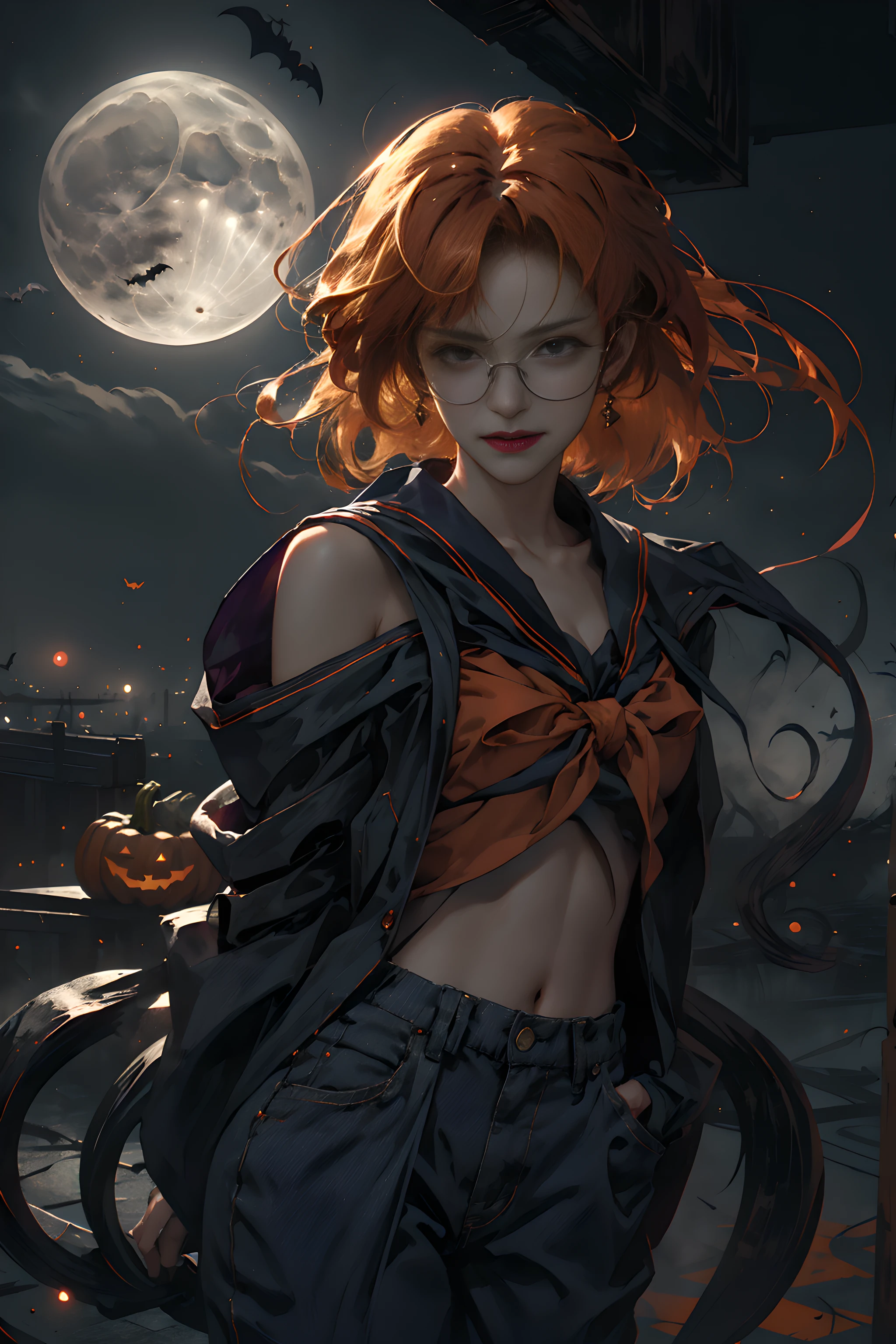 (Halloween Vampire Theme:1.3), Eldritch Monster, upper-body photo of a (Elegant) Vampire woman standing on rooftop under red full moon, Vampire Fangs, tusk, Show me your fangs, Wearing a orange Halloween costume, (Fusion of orange sailor suit and work pants:1.3), (orange theme clothes:1.3), wears glasses, Closed mouth,(Smiling eyes:0.2),Looking at Viewer, (masutepiece, Best Quality:1.2), absurderes, Perfect Artwork, Trending on ArtStation, Highly detailed, Delicate, (Realistic, Photorealsitic:1.37), Portrait, Light on Face, Detailed face, Night, Night situation, Night time, (Moonlight:1.3), Tentacles wriggle、Realistic, Hyper Sharp, ultra-detailliert, short bob cut hair, ppixie hair, parted bangs,