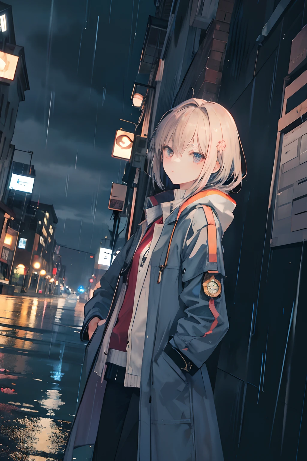 1 girl, night city, rain, coat, hands in pockets