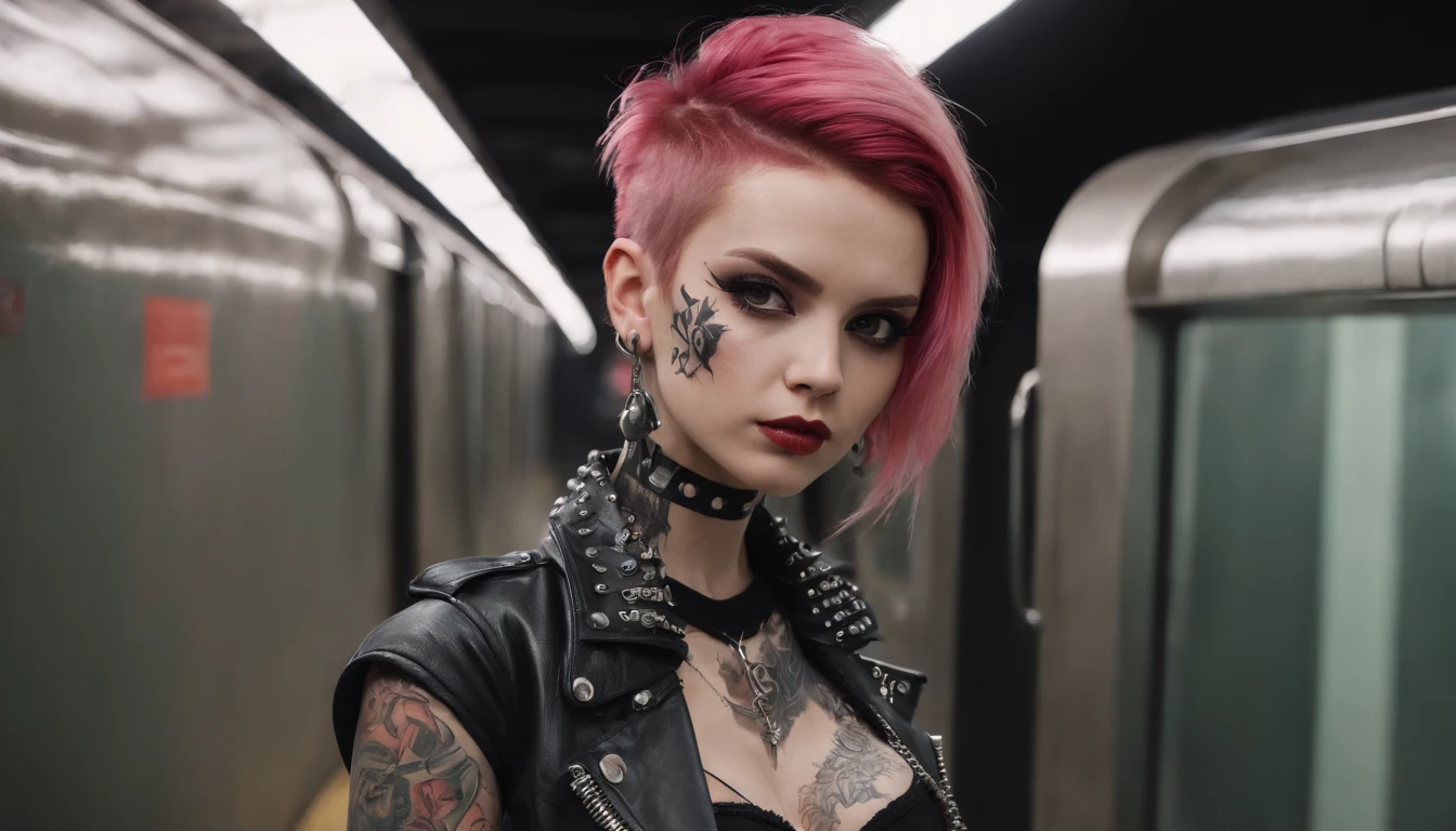 punk girl posing for a photo in a subway, punk fashion, tattoed face, tattooes, beautiful punk woman, night shooting, subway lights, ultra detailed.