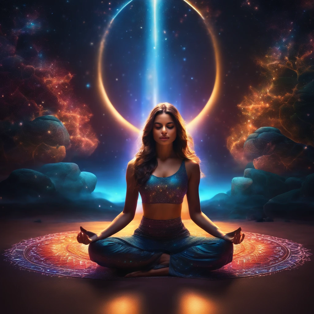 a pregirl，Meditate cross-legged, at centre，Very bright colors, Light particles, with light glowing, Mshiv, wallpaper art, UHD wallpaper