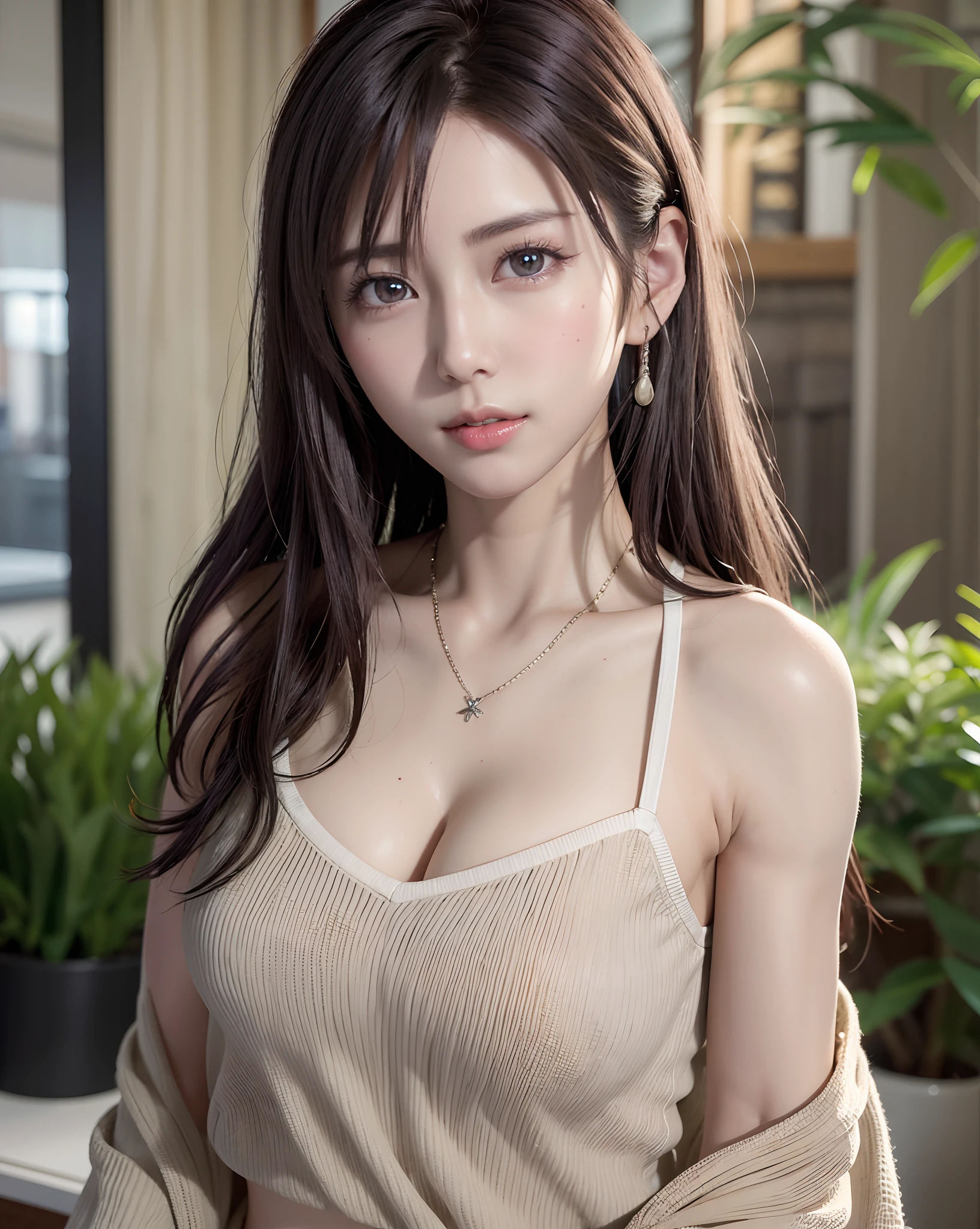 (in 8K, top-quality, ​masterpiece:1.2), (realisitic, Photorealsitic:1.37), ultra-detailliert, Natural sunlight, mideum breasts, I can see the cleavage, 1 persons, 25 year old woman, Dark hair, Pendants, Torn shorts, Light Knit V-Neck Shirt, At the time of performance, extremely detailed face and skin, A detailed eye, extremely detailed face and skin