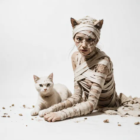 mummy, a desiccated mummy, nice woman, photoshoot. white background with with mummy cat