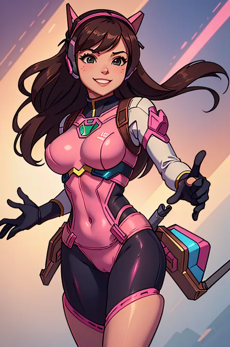 beautiful, Camel toe, maximum resolution, 8k, photorealism, Woman cosplaying DVA from Overwatch, wearing tight clothes and smiling at the camera. high quality, technological setting.