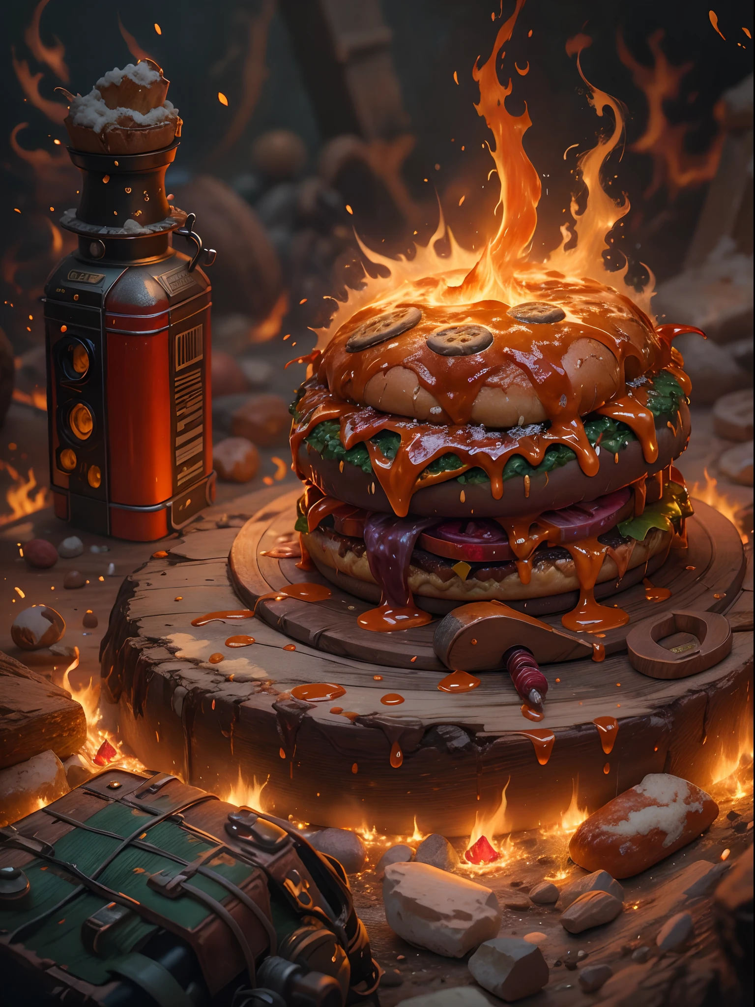 ((Meilleure qualité)) , ((chef-d&#39;œuvre)) , (détaillé) ,Cheeseburger de lave en gros plan, （Entouré de flammes：1.1），(Illustration fantastique:1.3),mondain, (thème rouge:0.7) ,  C’est un détail complexe, (Il s’inspire des nains:1.3),   Faible profondeur de champ, Hyper réel, triste, noyau métallique, Éclairage cyclique, Polariseur circulaire, Trois couleurs, Art conceptuel du jeu RPG, style d&#39;icône, (Pixabe:1.2), Reflex numérique, Résolution 8k