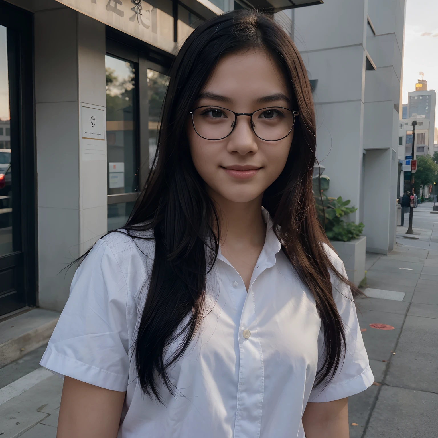 Very young female, half chinese, small slit-eyed, glasses, black hair, flawless white skin, long hair, photorealistic, best quality, hyper detailed, middle school student, beautiful woman, selfie photo, upper body, solo, wearing uniform, smiling at city, sunset photo, without makeup, school, looking at viewer, skin texture, film grain, close up, ultra high res, best shadow, RAW, instagram LUT