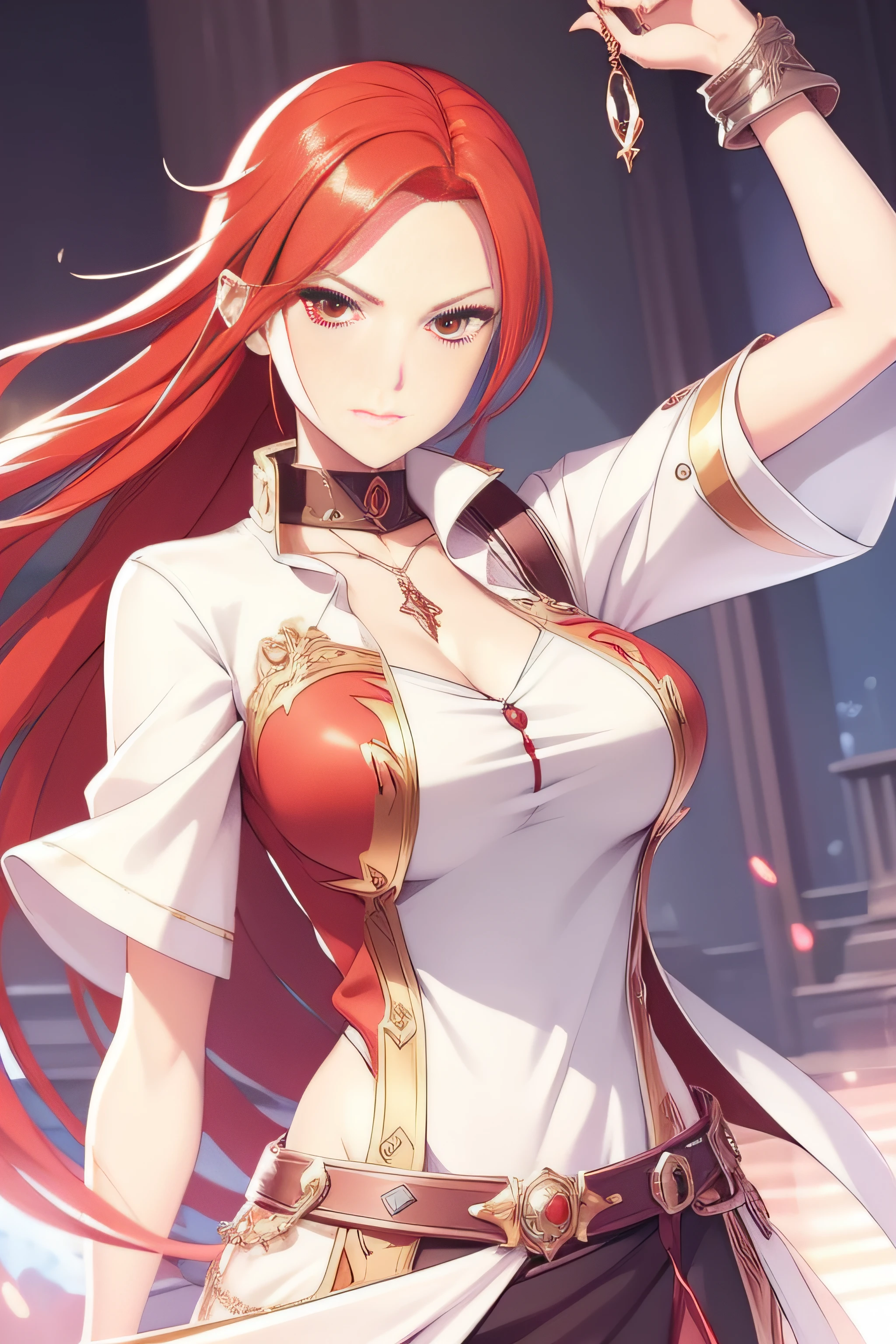 a close up of a person with red hair and a white shirt, detailed anime character art, fashionable rpg clothing, cushart krenz key art feminine, female redhead templar, anime character art, official character art, detailed character art, trending on artstation pixiv, anime character design, highly detailed character design, anime concept art, stunning character art