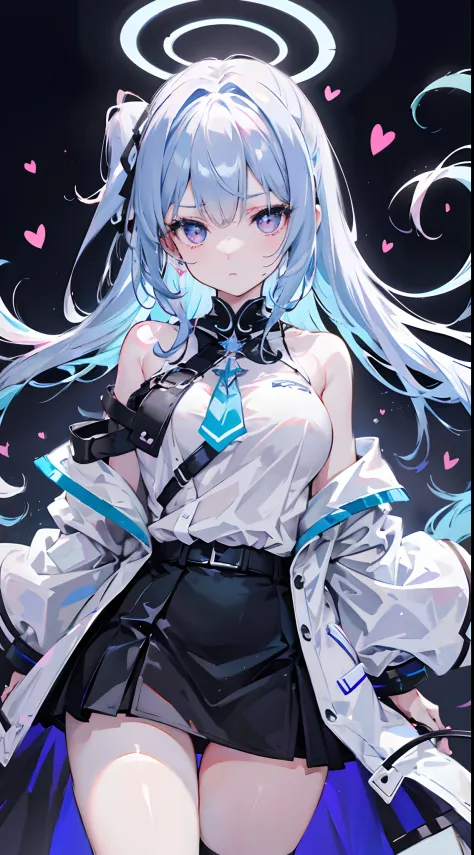 Light blue double ponytail，Girl with pink eyes，A broken halo of crystal blue，The girl wears white off-the-shoulder short sleeves and a black coat，The black coat falls off under the shoulders，black lence stockings，Hold your hands in front of your chest，Very...