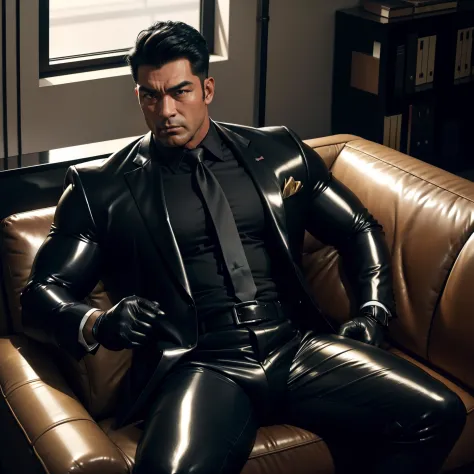 30 years old,daddy,shiny suit ,Dad sat on sofa,k hd,in the office,big muscle, gay ,black hair,asia face,masculine,strong man,the...