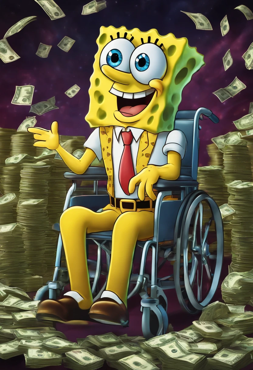 Bob Esponja de desenho animado em uma cadeira de rodas com dinheiro -  SeaArt AI