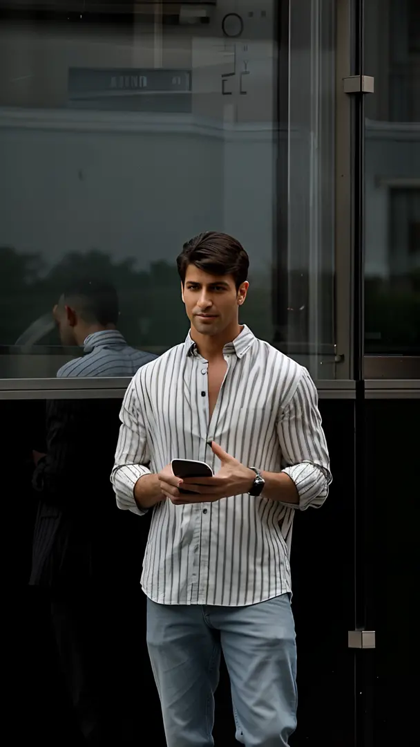 arafed man standing outside of a building using a cell phone, looking at his phone, mid-shot of a hunky, handsome male, handsome and attractive, very handsome, he is holding a smartphone, handsome man, extremely handsome, on the street, on the street, attr...