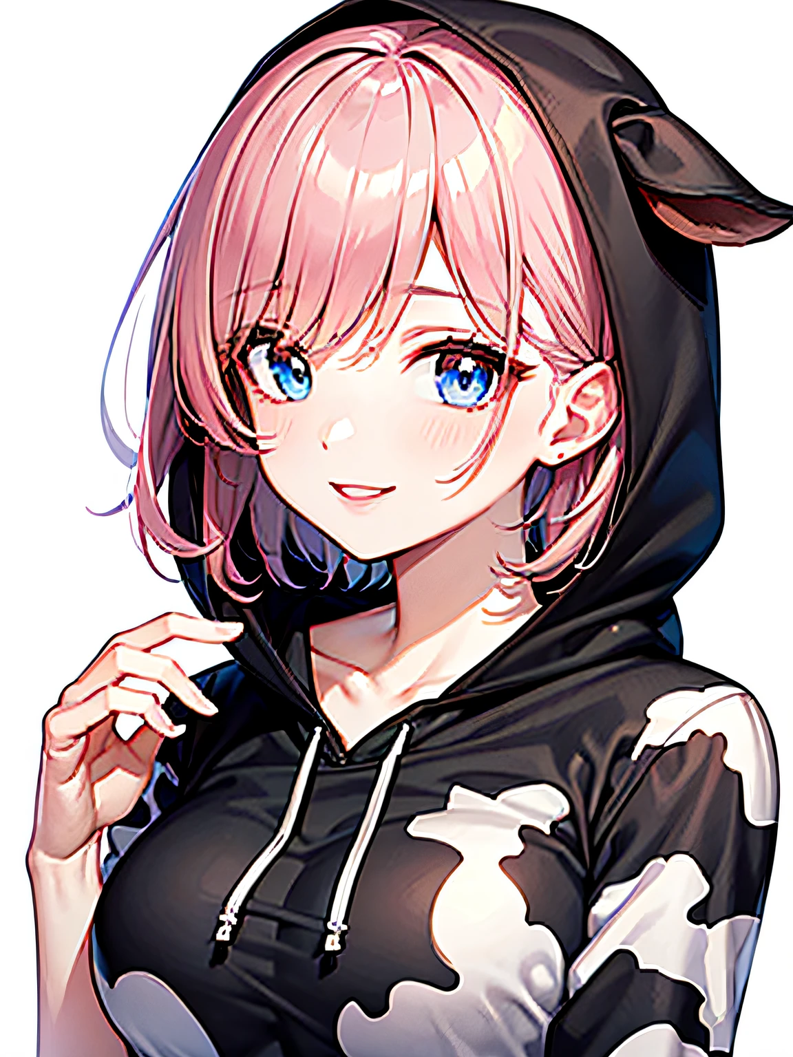 light smile, pink haired young woman, short hair, blue eyes, white clothes and black polka dot cow pattern clothes, hooded clothes, white background,