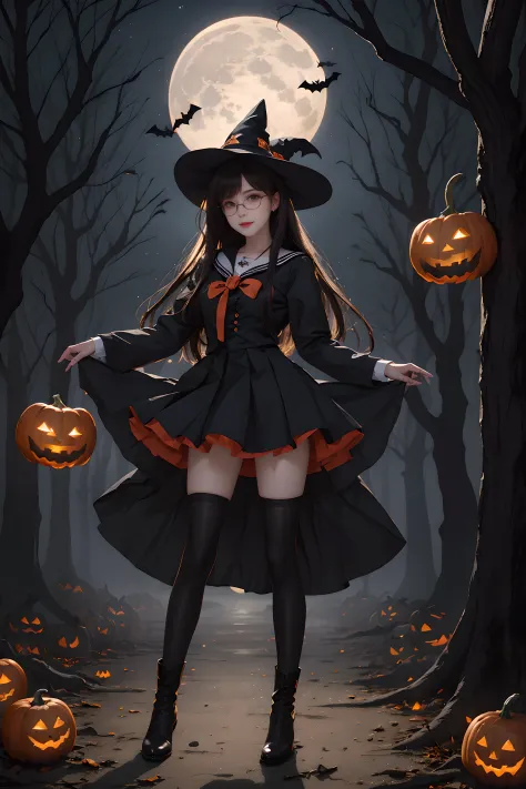 (Halloween theme:1.5), BREAK, A beautiful and powerful witch stands in the middle of a mysterious forest filled with sparkling l...