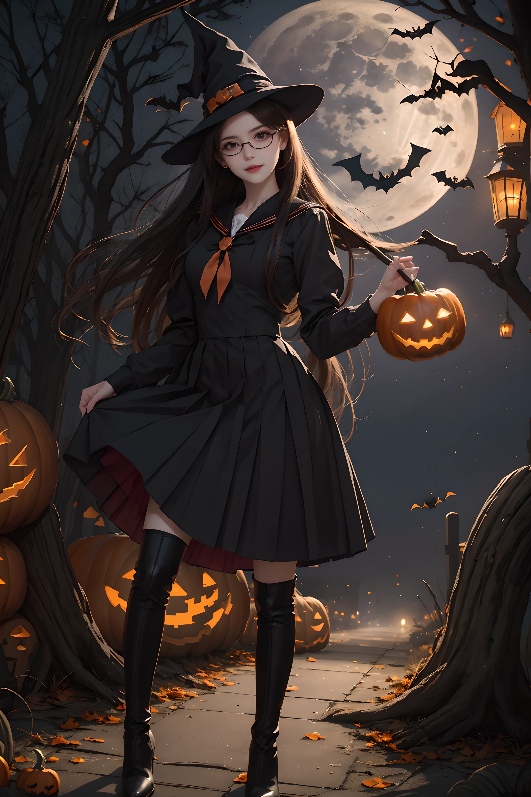 (tema de halloween:1.5), BREAK, A beautiful and powerful witch stands in the middle of a mysterious forest filled with sparkling lights of magia circles in the air and mythical árbol stumps under full luna, BREAK, 1 chica, magia, magia circle, árbol, cielo, estrella (cielo), escenario, solo, al aire libre, estrellary cielo, noche, vestido, Césped, luna, (red full luna:1.3), gato negro, Fantasma, jack o&#39;lantern, ,agotador (fusion of witch vestido and sailor uniform:1.3), (Falda plisada roja:1.3), (Medias negras:1.3), (botas negras:1.3), (agotador a glasses:1.3),