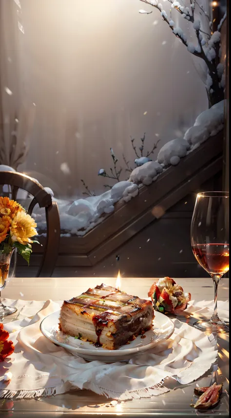 Extreme close-up，Clear，tmasterpiece，Bar，Delicious grilled meat on the table，claret，wineglass，fruit platter，Beautiful vase with flowers，Bright lights，luz de velas，It was a winter night outside the window，There is snow on the windowsill，Translucent curtains，...