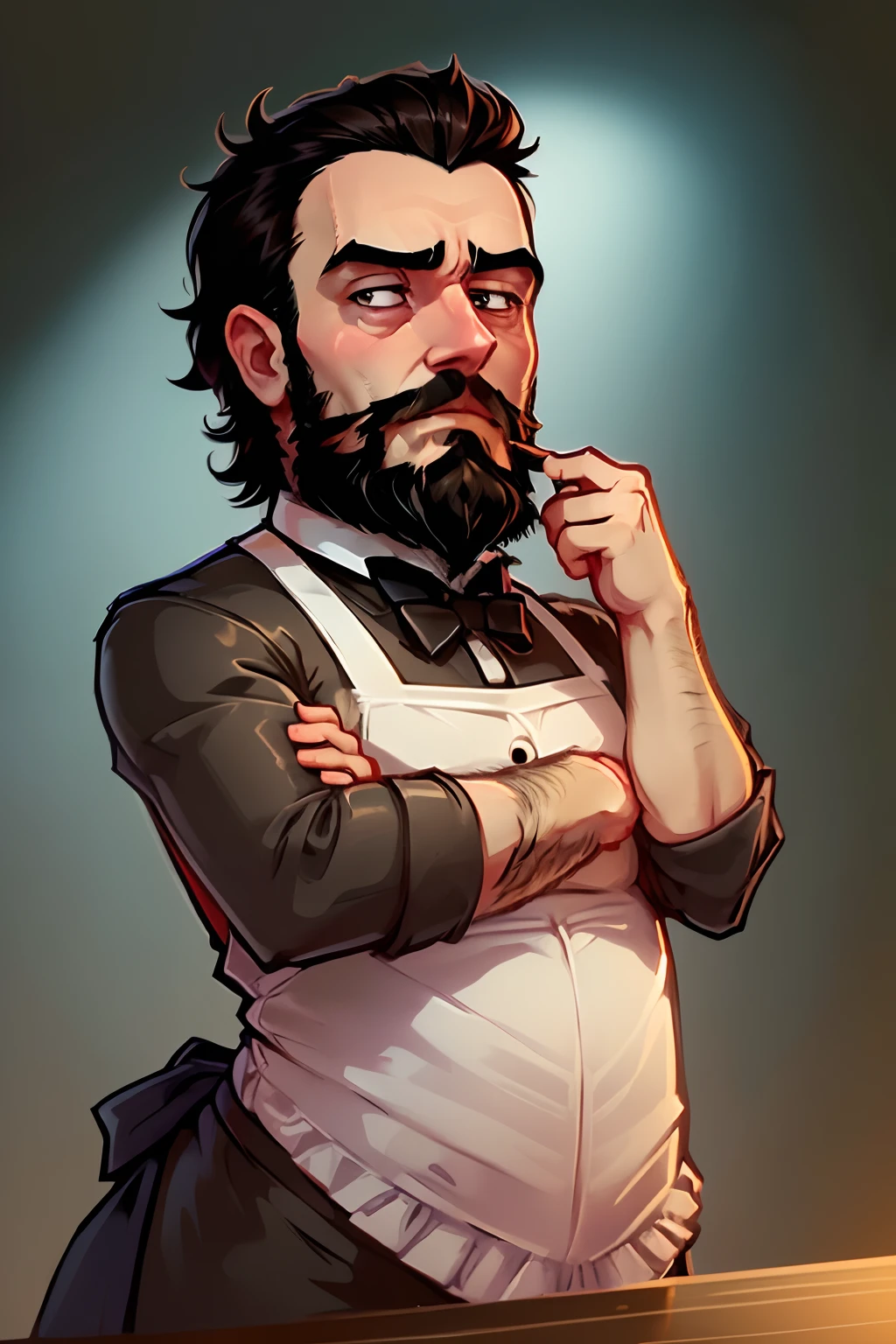 a sticker, man who is a bartender. short black hair and(( full beard.))) He has a friendly face and wears a bartender's uniform, complete with apron and bow tie, (((with his hand on his chin,))) looking up, (((thoughtful expression))), represented with vibrant colors, and big eyes. chibbi anime style. White background